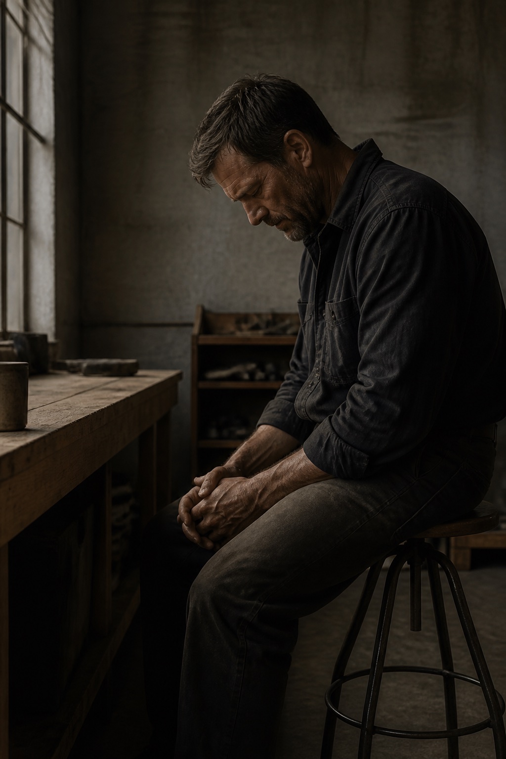 A man praying alone in a workshop