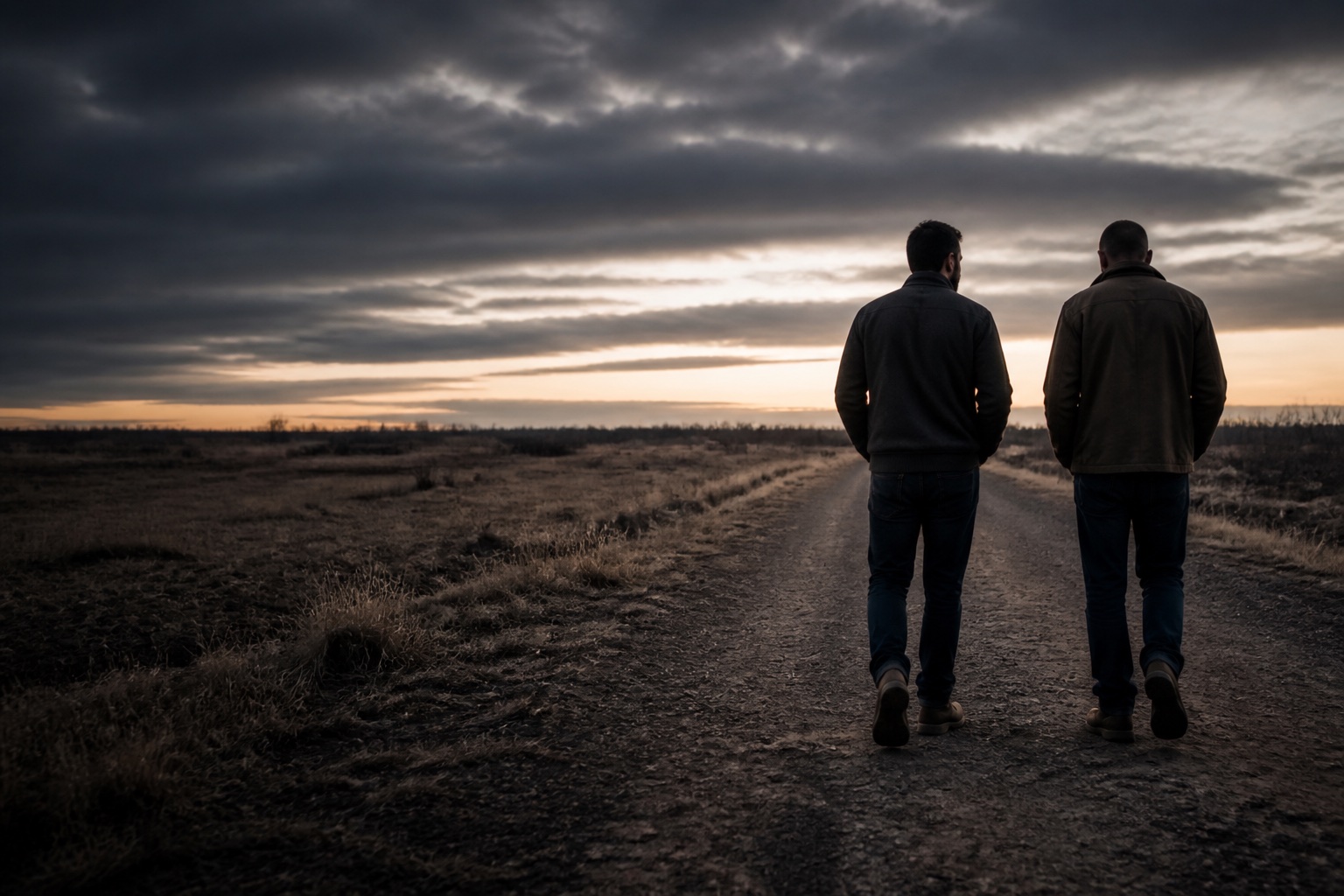 Two men walking side by side on a rural path at dawn